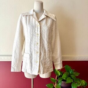 Vintage 1970s Campus Casuals Eyelet Button Up Shirt Jacket Cream S Retro Pockets